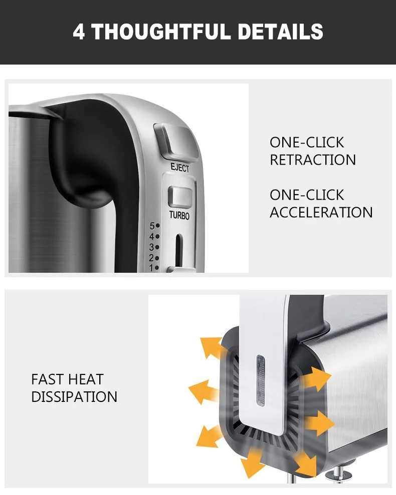 Electric Handheld Mixer Kitchen Blender Stainless Steel Whisk Household Cream Egg Beaters