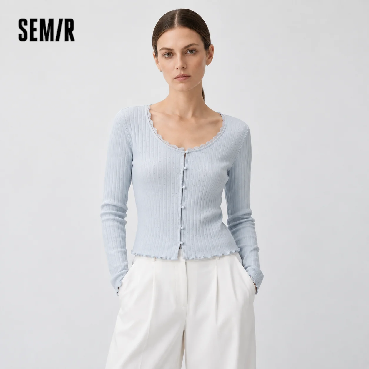 Semir Women Tshirt Long Sleeve Short Cotton Slim Ruffle Lace Trim U Neck Soft Casual Autumn Top Daily Wear 2026