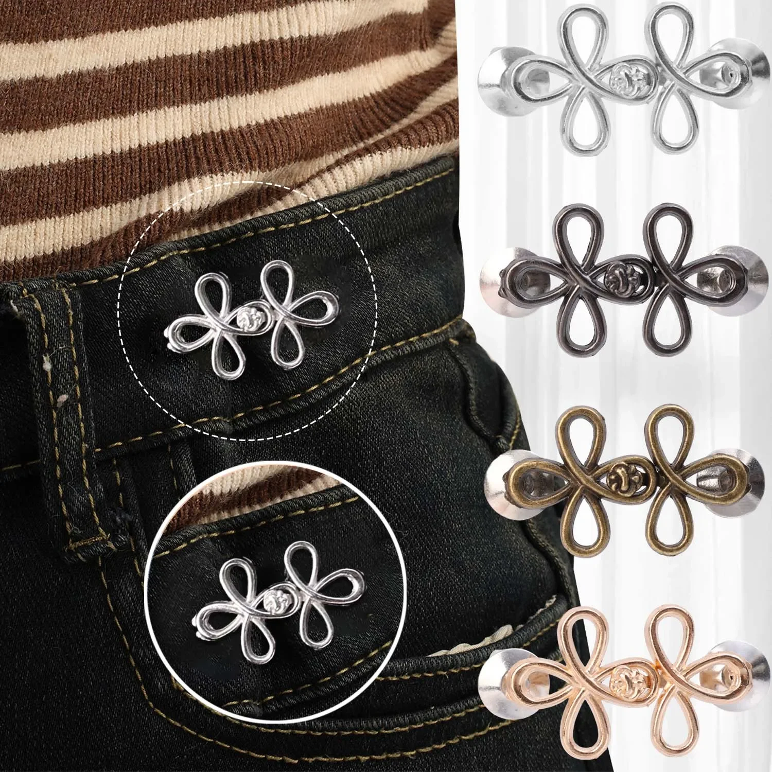 2PCS Four Leaf Clover Buckle Adjuster Waist Tightener  Alloy Adjustable Waist Buckle Detachable Seamless Button for Pants Skirts