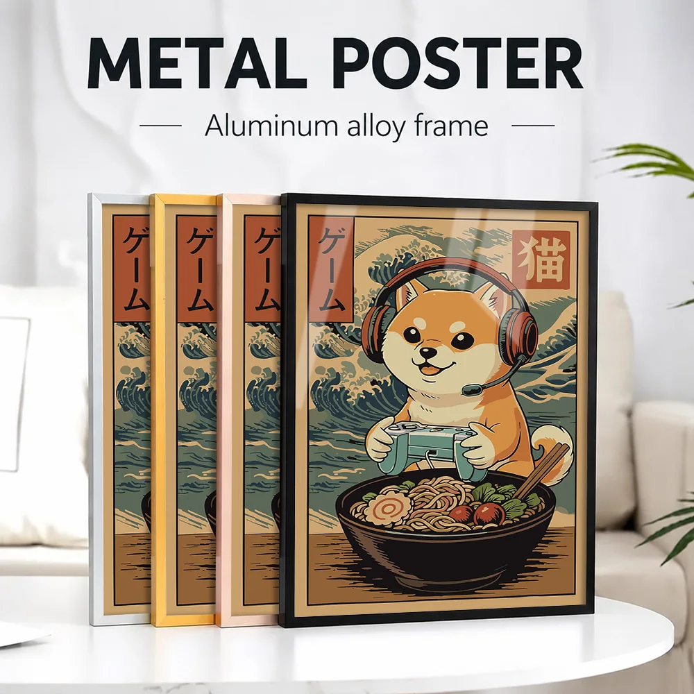 Shiba Inu Gamer Ramen Japan Dog Framed Metal Print Customized Photo Dark Fantasy Style Wall Art For Bedroom And Study Fan Gift