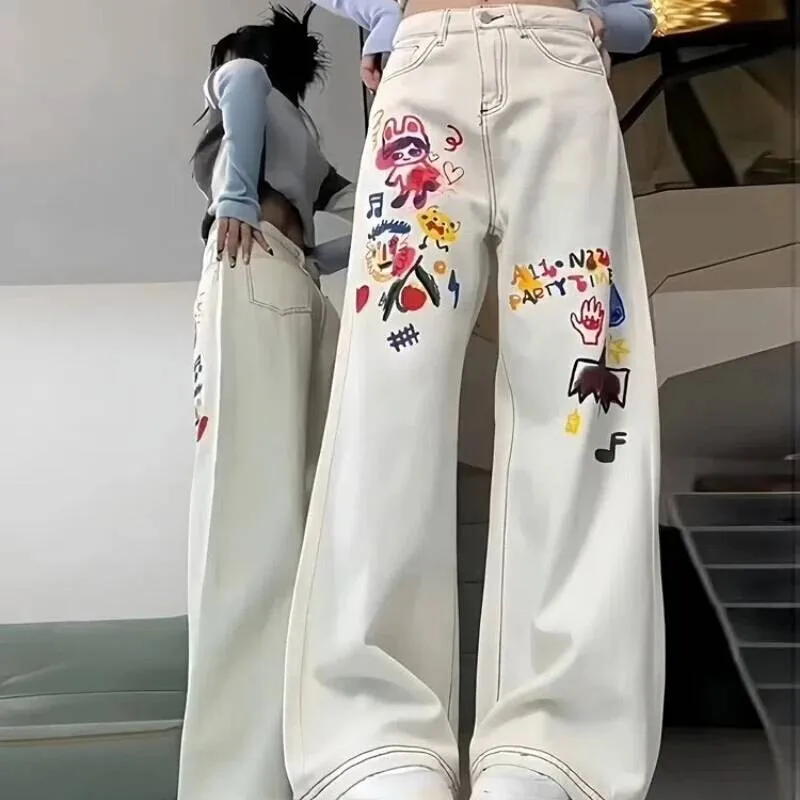 

Niche Cartoon Print Design Wide-Leg Jeans For Women Summer High Loose Slimming Straight-Leg Floor-Length Mopping Pants