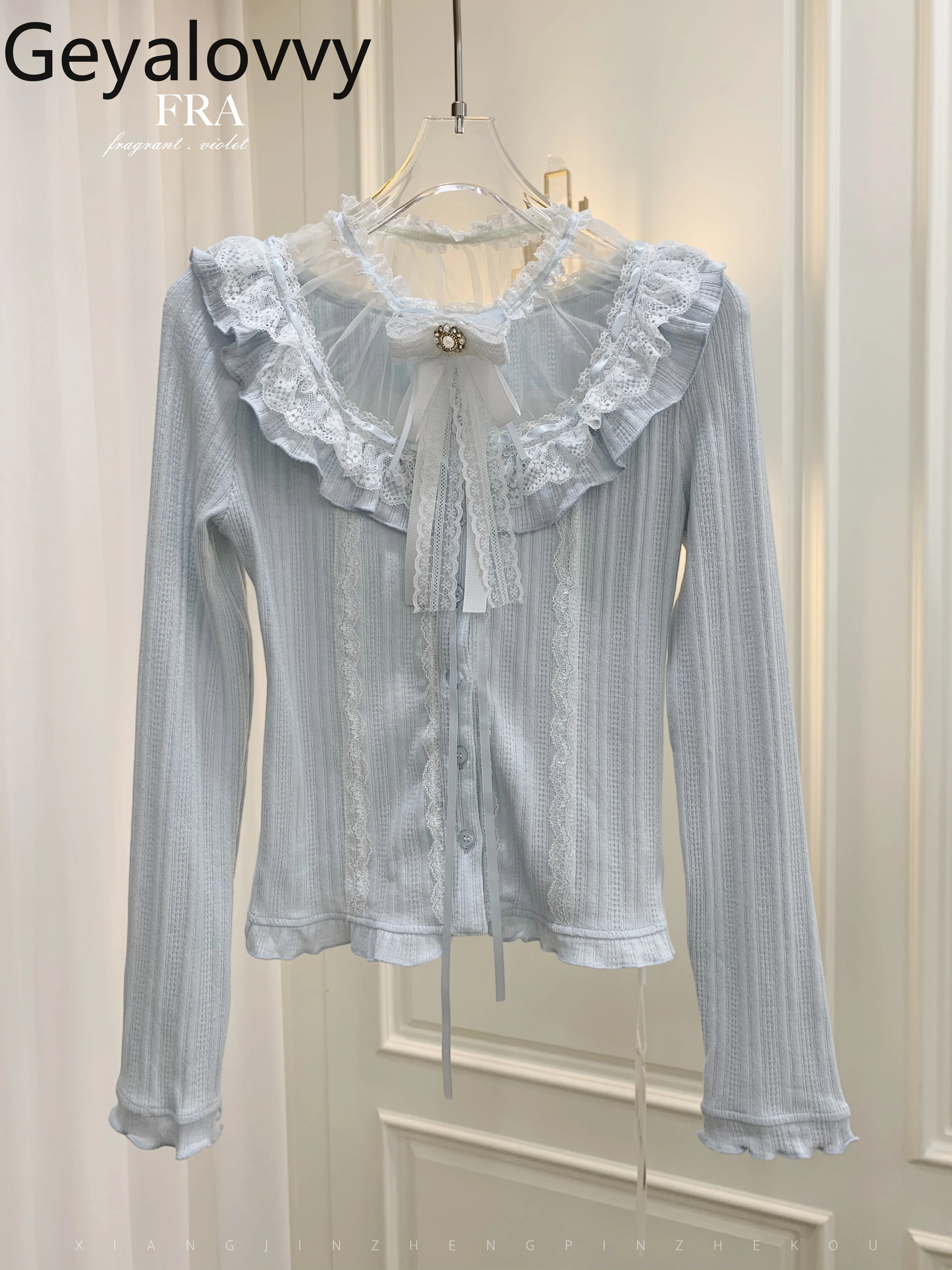 

Elegant Bouses Autumn Winter New Lady Casual Shirt Japanese Style Lace Bowknot Ruffled Sweet Long Sleeve Top for Women