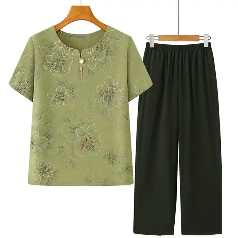 

Women's Floral Short Sleeve Top Wide Leg Pants Set Grandma Summer Outfit