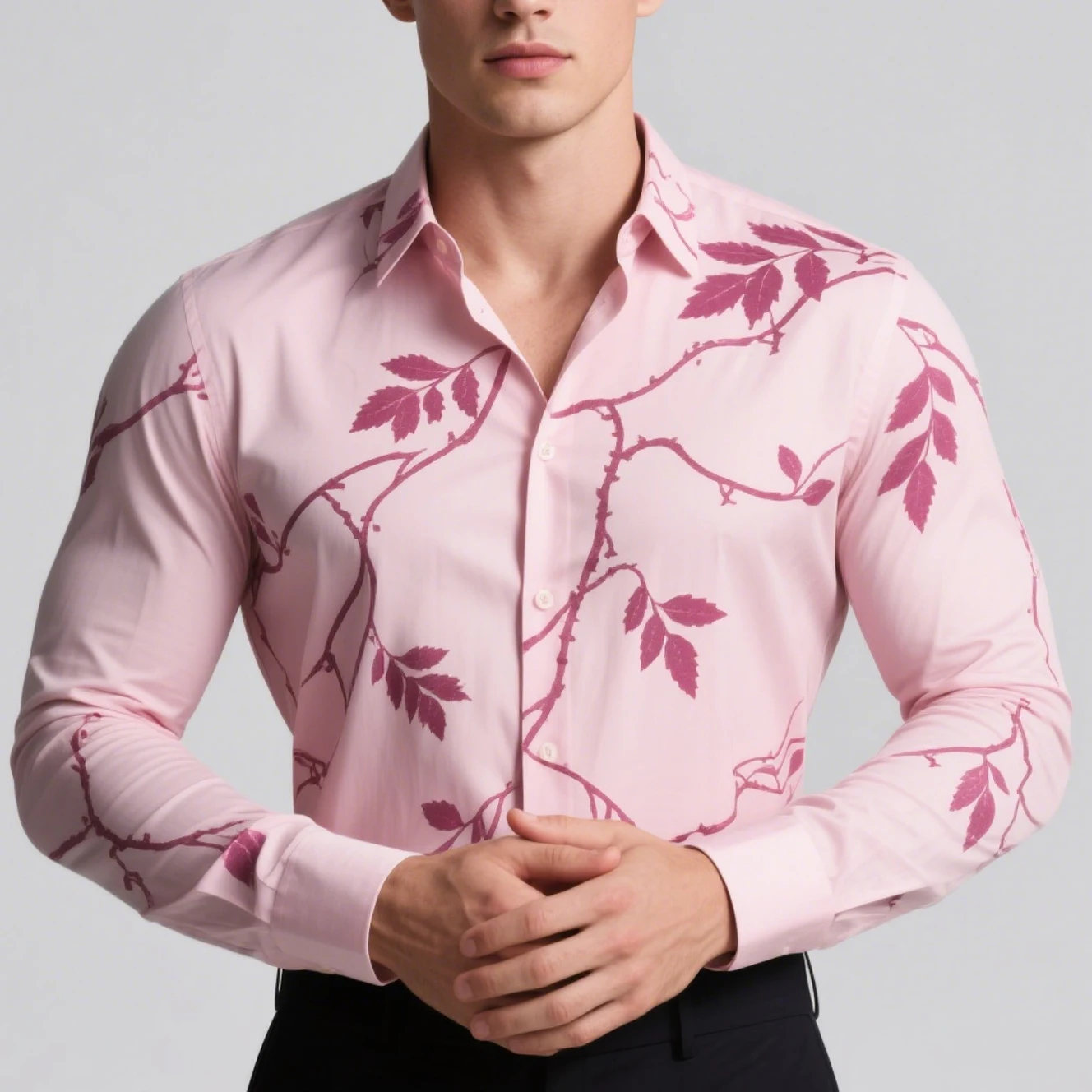 Camisa con estampado de hojas de plantas de color claro para hombre, camisa estampada con imagen geométrica, solapa de manga larga, top informal de negocios sencillo para fiesta al aire libre
