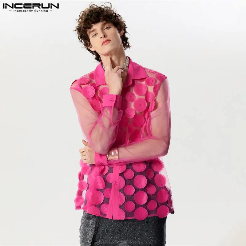 INCERUN-Camisa de manga larga para hombre, ropa Sexy de malla con solapa de retales, ropa de calle transparente, S-5XL de fiesta a la moda, 2024