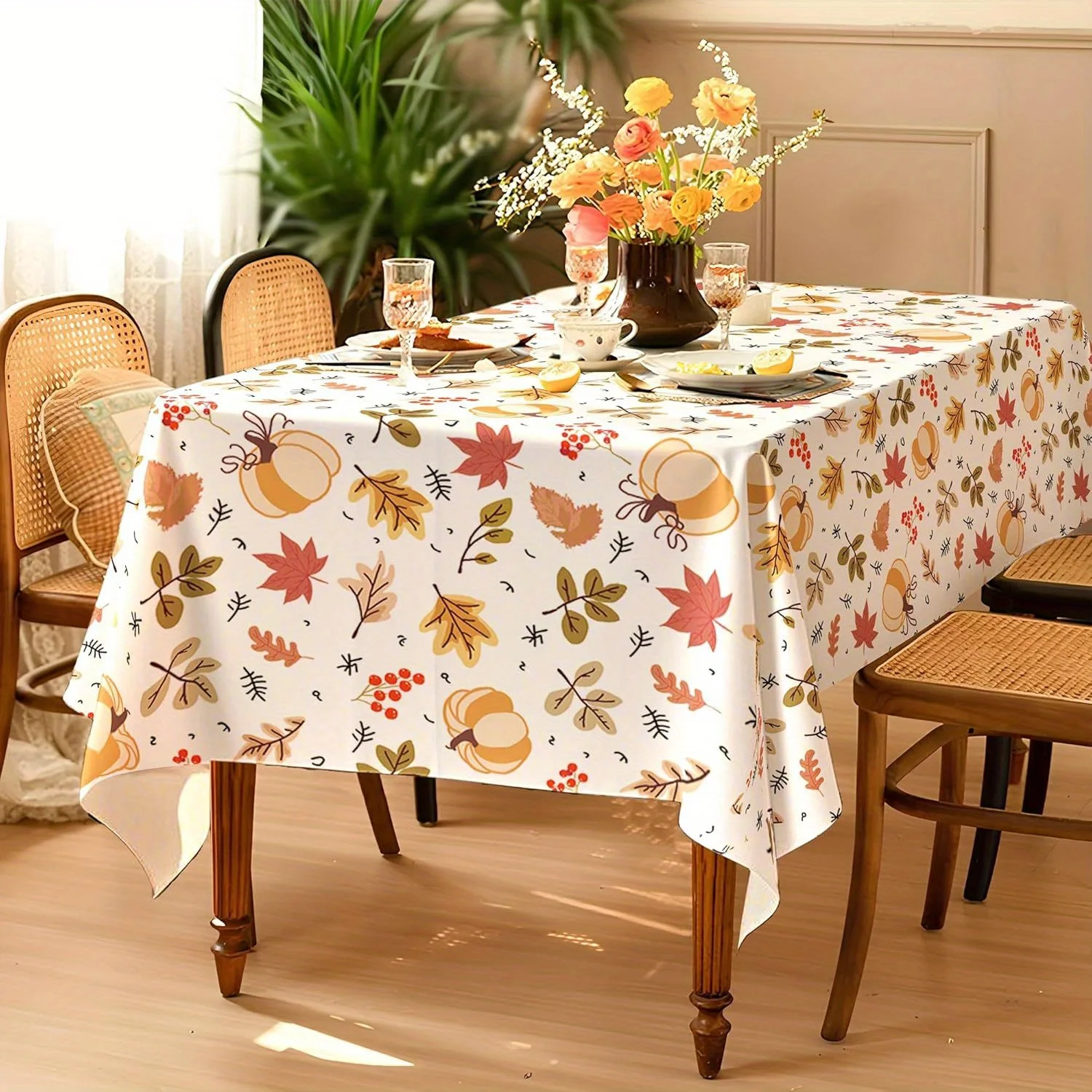 Fall Thanksgiving Tablecloth for Table Decor Autumn Harvest Pumpkins Maple Leaves Kitchen Dining Table Cloth Holiday Party Decor