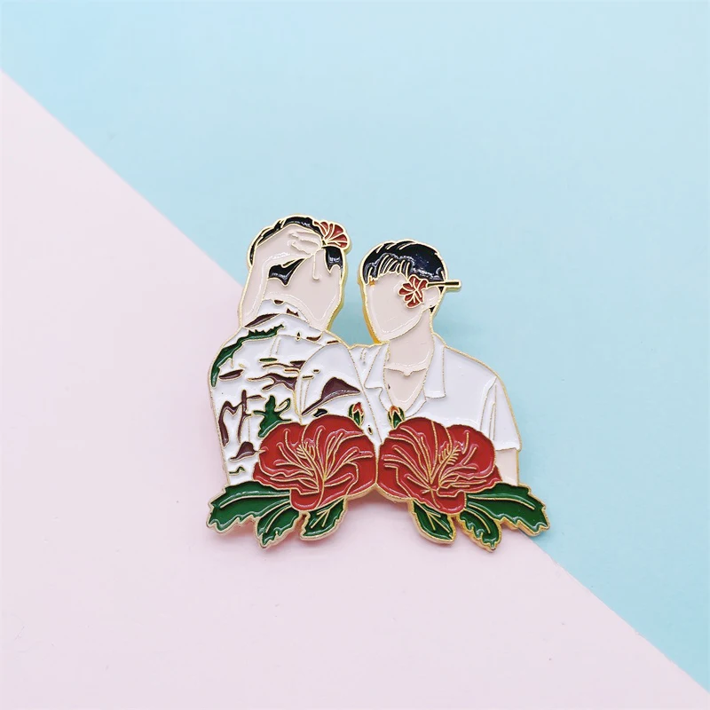 Cute Handsome Characters Flowers Enamel Brooches Roses Hibiscus Boys Couples Alloy Pins Badges Clothes Accessories Jewelry Gift