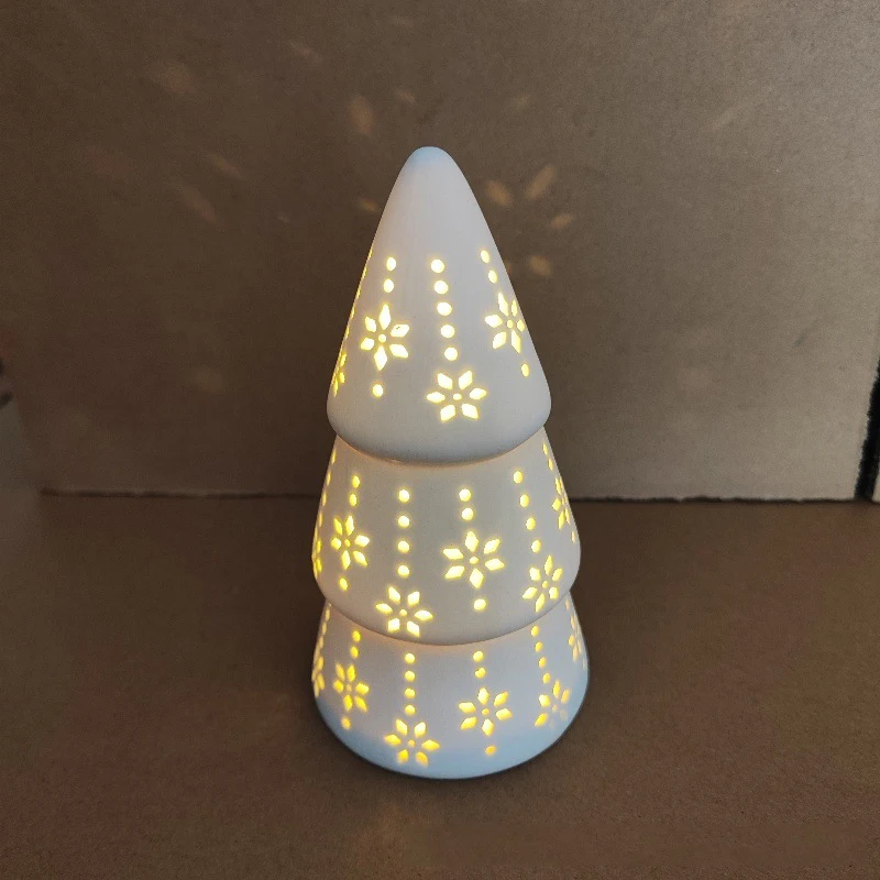 Christmas Tree Ceramic Glowing Night Light, Hollow Out Luminous Xmas Decoration Home Ornaments New Year Festival Decor