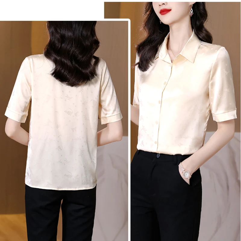 Satin Women Tops Short Sleeve Blouse Women Summer Button Up Shirt Fashion Elegant Shirts and Blouses OL Silk Top Female Clothing