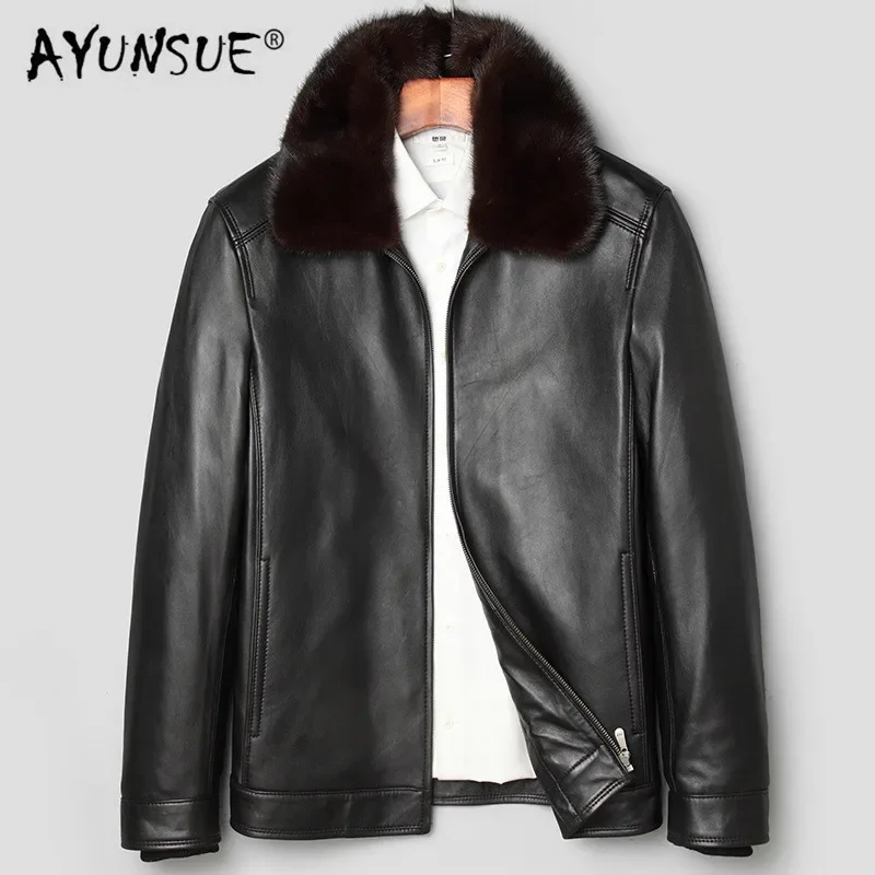 AYUNSUE Genuine Leather Jacket Men Winter Sheepskin Coat Mens Mink Fur Liner Jackets Casacas De Cuero Genuino 71Z17003 YY280