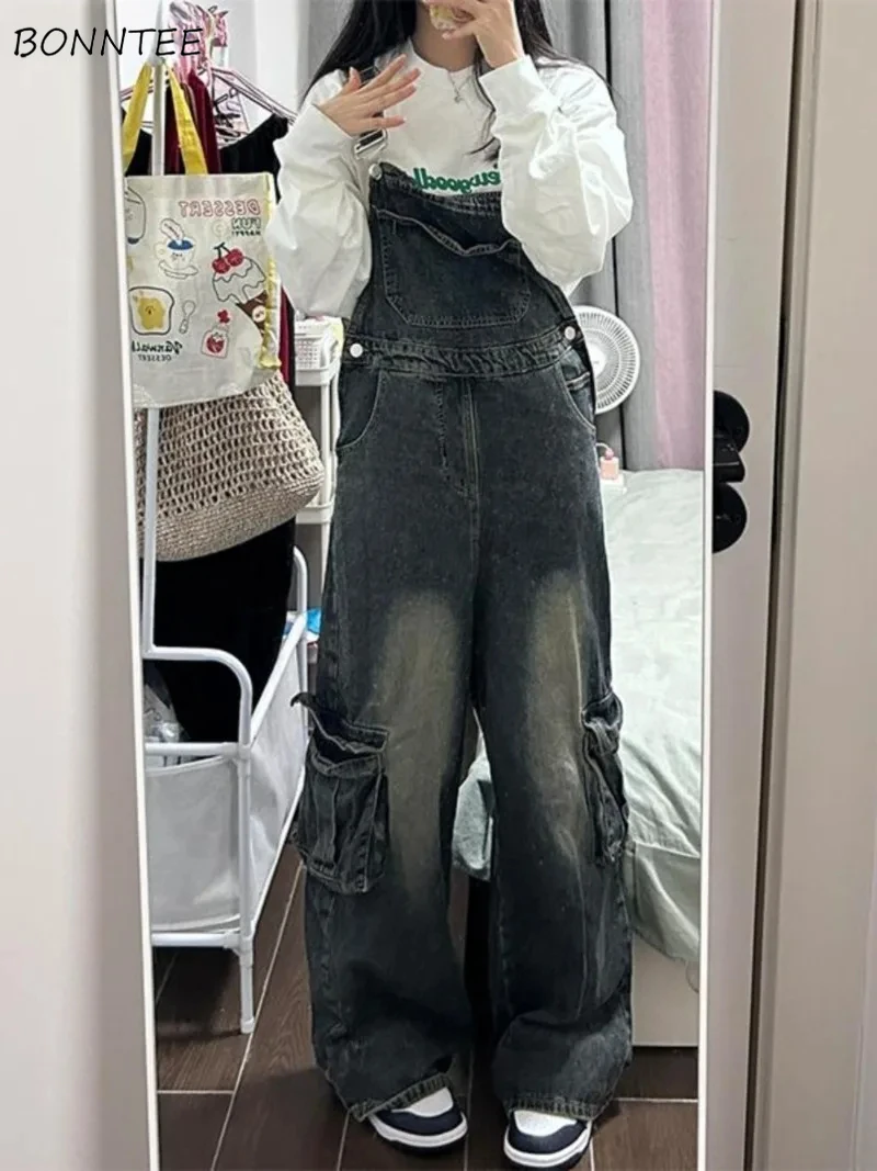 Cargo Jumpsuits Women Multi-pockets Lazy Autumn Winter Bleached Baggy All-match Streetwear Students Distressed Design Vintage