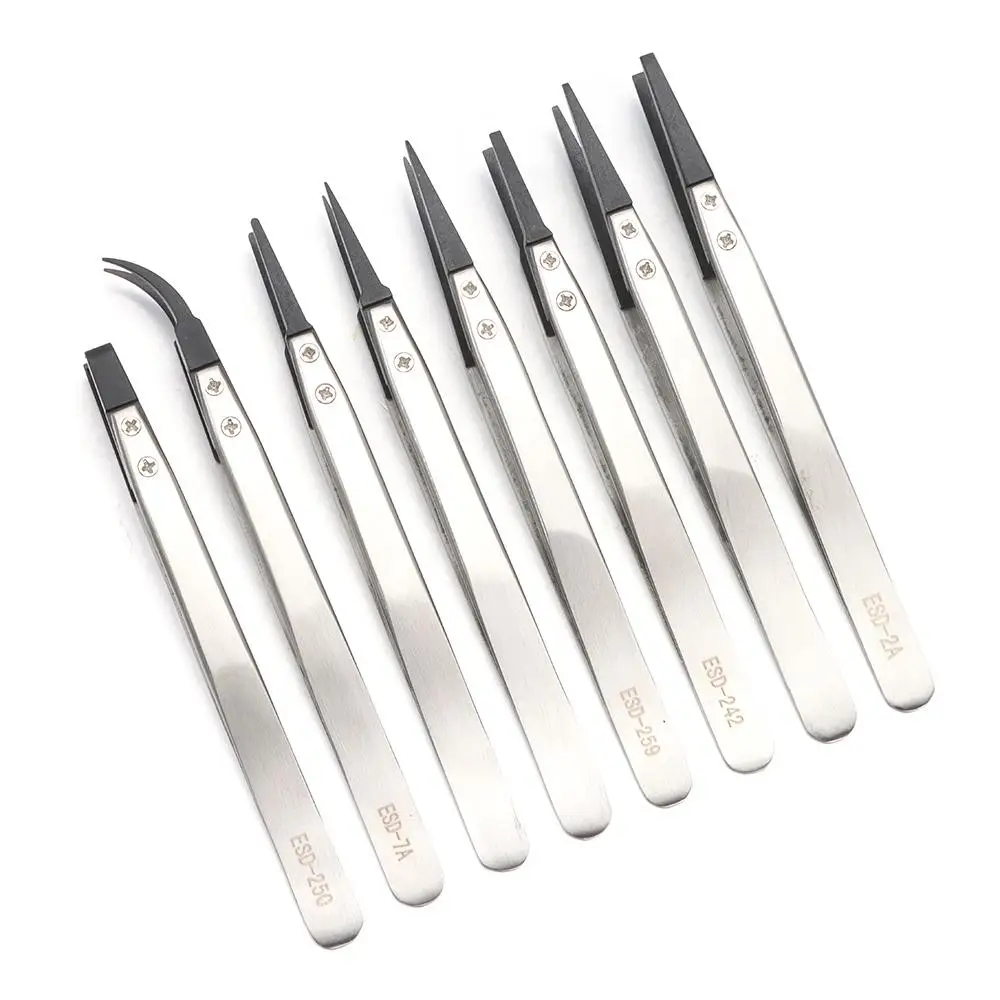 ESD Tweezers With Replaceable Tips Full Stainless Steel Body Carbon Fiber Conductive Plastic