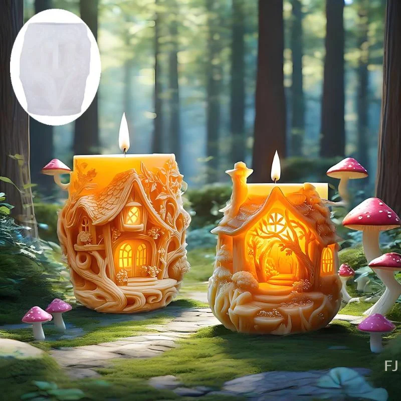 [YU]3D DIY Cube House Candle Silicone Mold Elf Tree House Candle Mold Funny Castle Chimney House Resin Concrete Gypsum Mold
