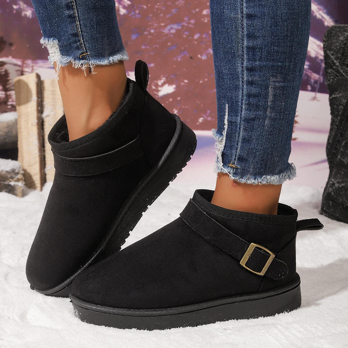Black Faux Suede Short Plush Snow Boots Women Winter Fashion Buckle Non Slip Thick Sole Warm Booties Mujer Cotton Padded Shoes view 2