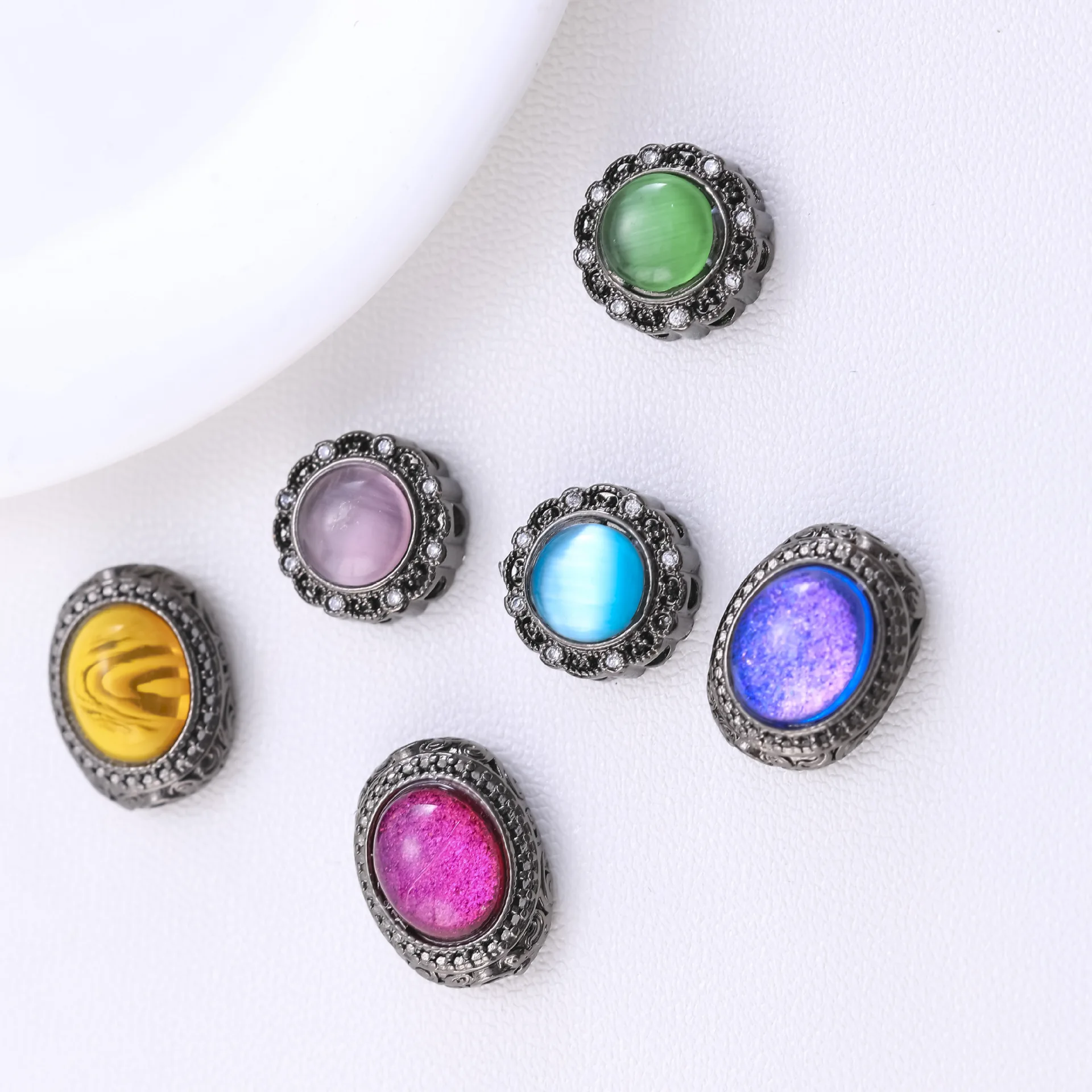 5 Pcs Copper Plated Gun Black Cat's Eye Stone Spacer Beads DIY Pearl Bracelet Necklace Hand String Jewelry Accessories Wholesale