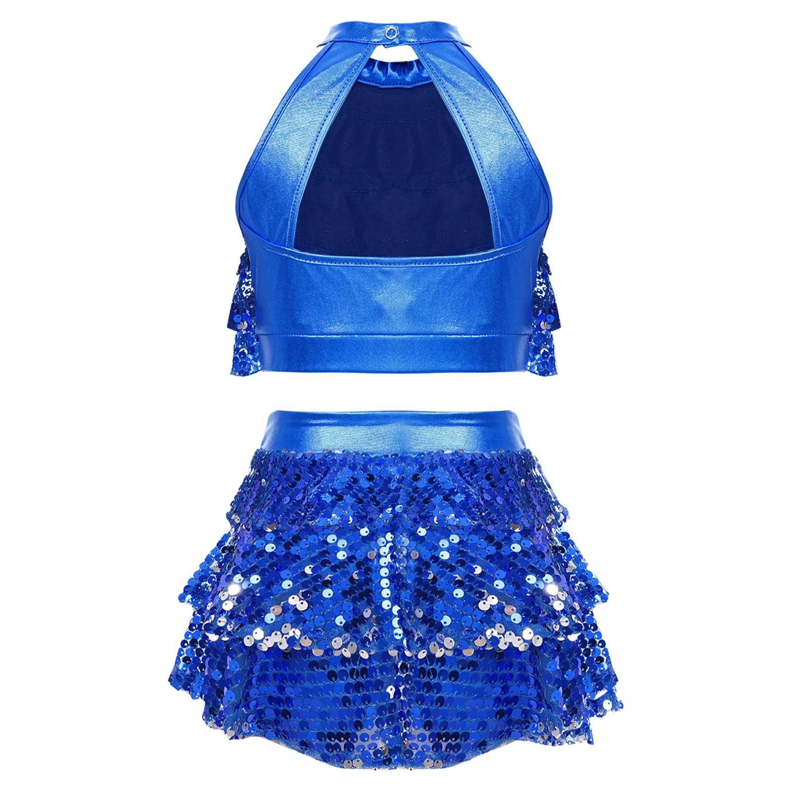 Kids Girls Street Jazz Latin Dance Performance Dancewear Sleeveless Shiny Sequin Crop Top with Culottes for School Party Show