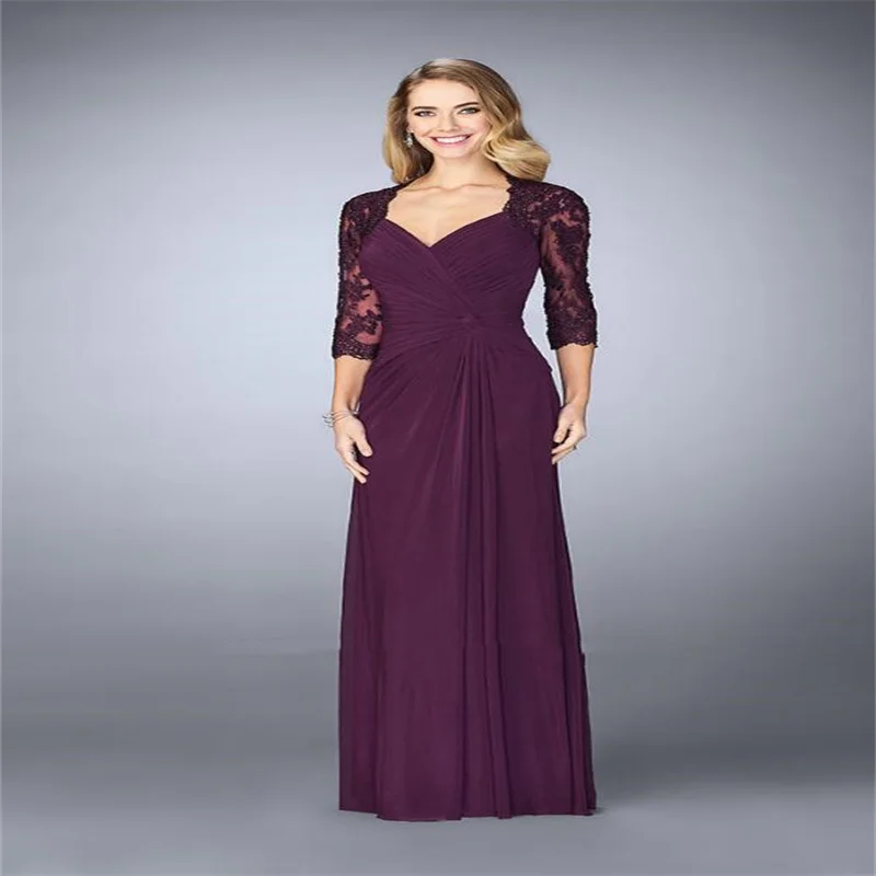 Mother Of The Bride Dresses For Weddings Sweetheart Neck Purple Chiffon Elegant And Pretty Women's Dresses Three Quarter Sleeves