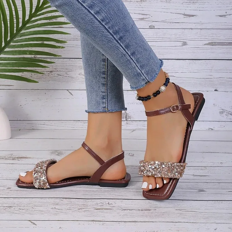 

2025 New Womens Sandals with Flat Heel Open Toes Straight Buckle Strap Rhinestone Sequins Summer Outdoor PU Fashionable Sandals