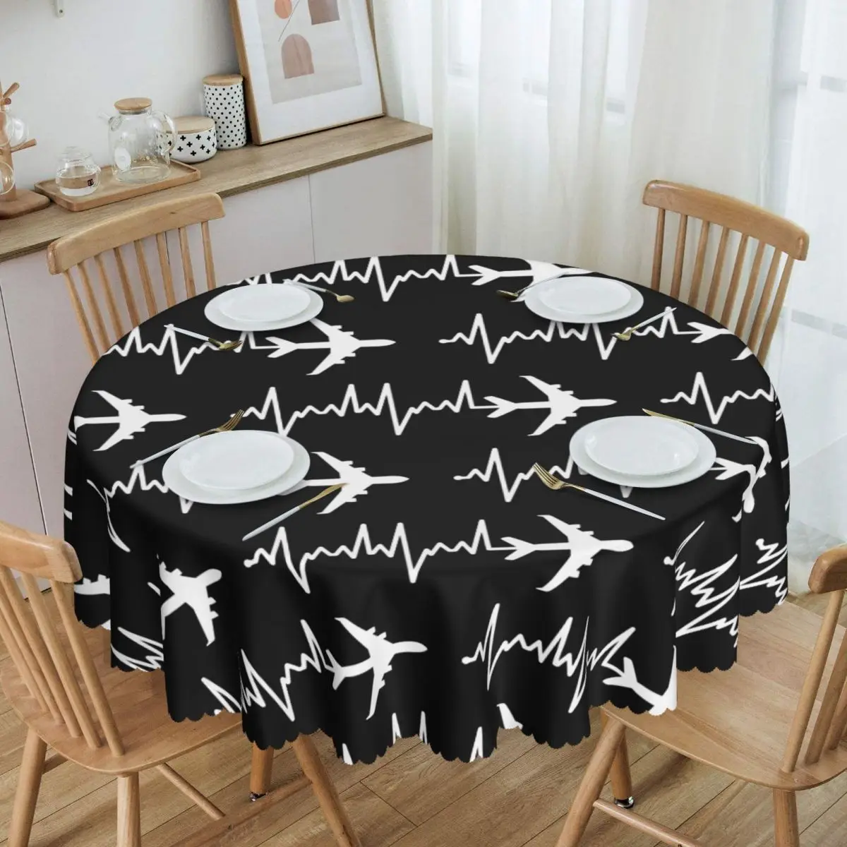 Custom Aviation Airplane Heartbeat Pilot Round Tablecloths 60 Inches Aviator Plane Gift Table Cover for Wedding Table Cloth