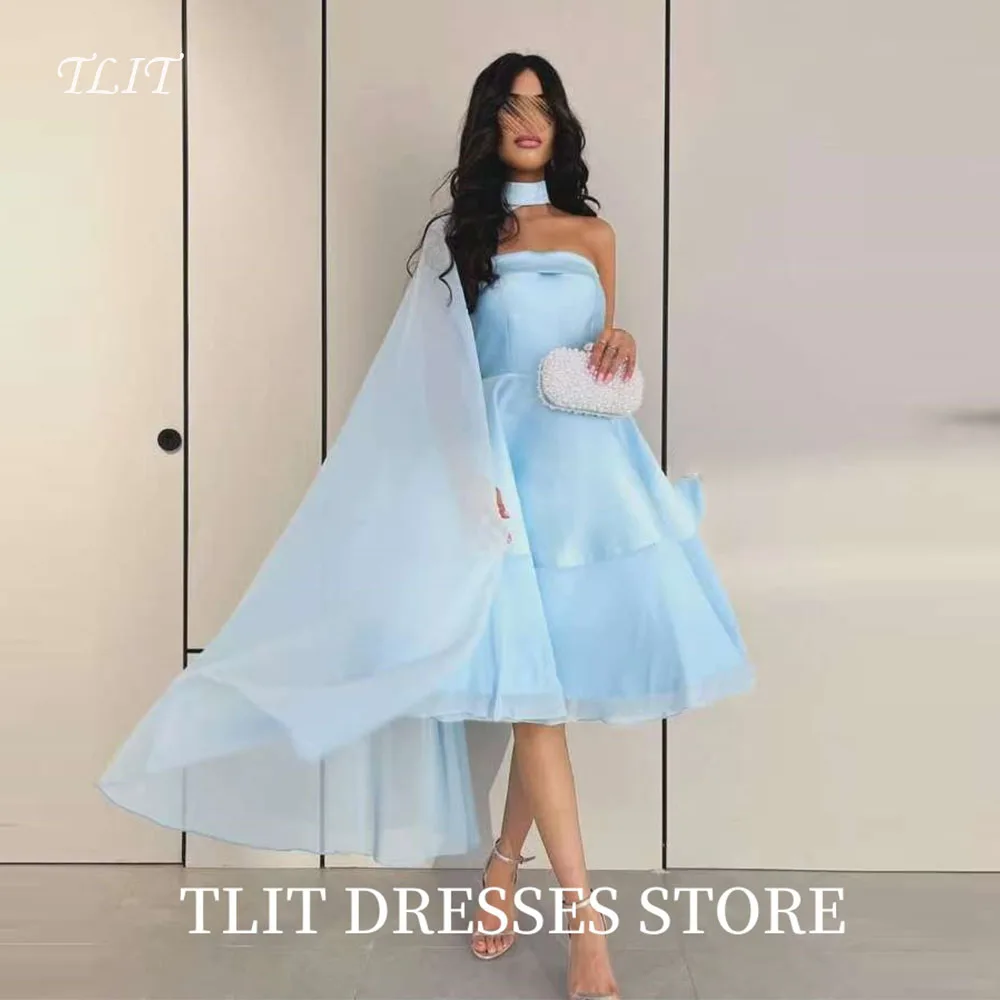 

TLIT Blue Chiffon A-Line Evening Dresses Strapless Draped Prom Gowns Customized Party Dresses Customized vestidos de fiesta