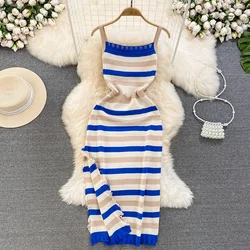 Stripled Summer Knit Sexy Strap Dress Women Tank Elatic Waist Bodycon Sundress Female Beach Split Backless Long Dress
