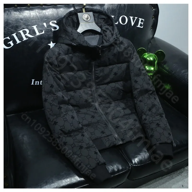 Plush printed winter thick down jacket for men, high-end warm and slim fit hooded jacket, black down jacket warm heated jacket