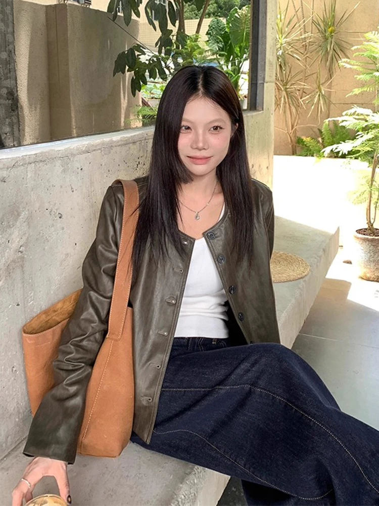 

American Vintage PU Leather Jacket for Women Early Autumn Gothic Loose Long Sleeve Coat Harajuku Y2k All-match Tops Mujer
