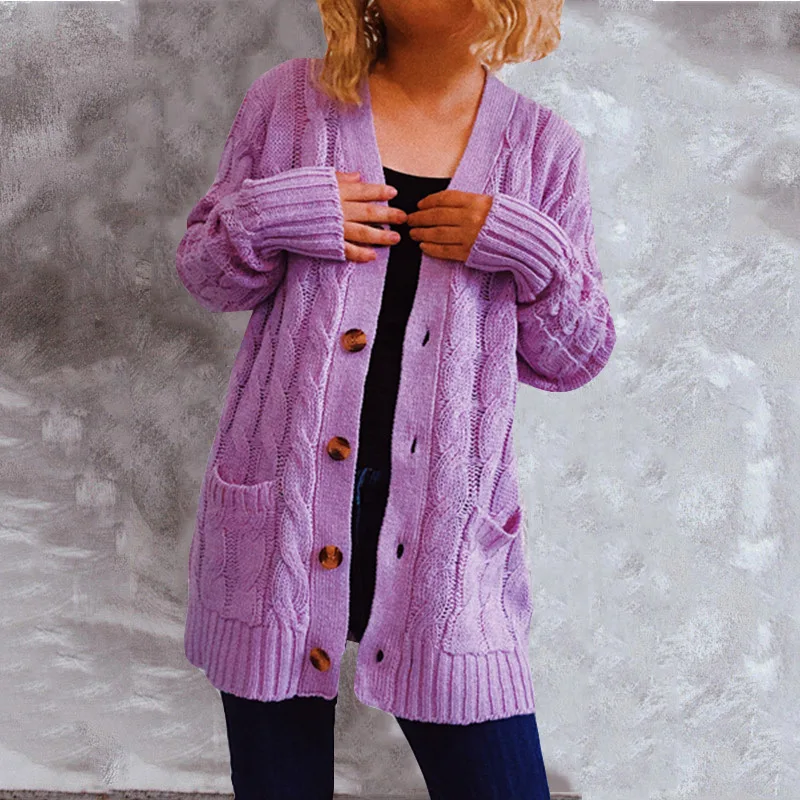 Autumn And Winter 2023 New Single Breasted Thick Fried Dough Twists Pocket Long Sleeved Knitting Sweater Cardigan Coat Women