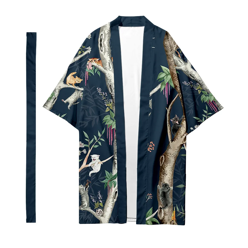 Men's Japanese Traditional Ethnic Long Kimono Cardigan Male Samurai Clothes Kimono Animal Cat Pattern Kimono Shirt Yukata Jacket