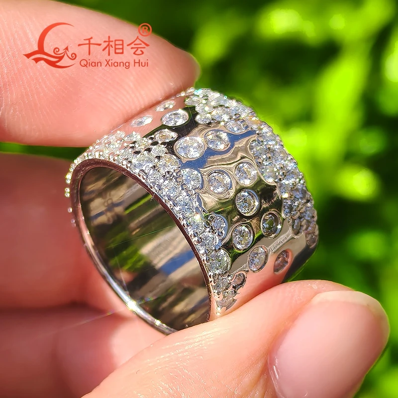 Sterling 925 Silver Moissanite Ring 12.6mm Width Half Inlay round Diamond Unisex Engagement Male Dating Jewelry