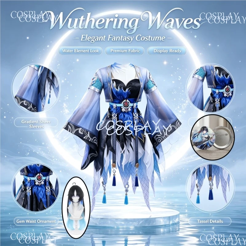 Костюм для косплея Wuthering Waves Yangyang Xuanling: синее платье с завышенной талией, полный комплект с париком и аксессуарами для Хэллоуина и Комик-Кона