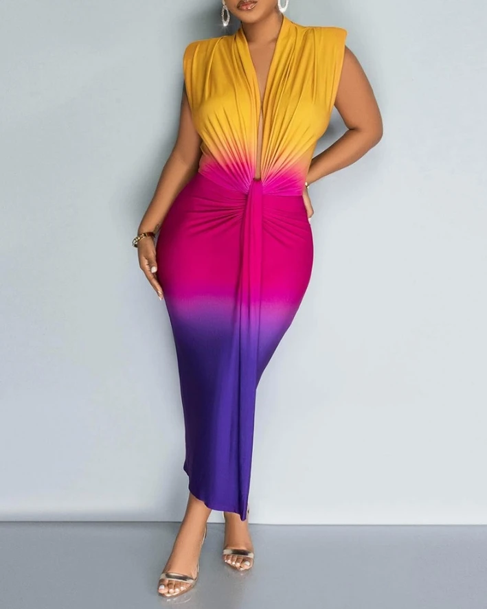 Women Dress Ombre Colorblock Ruched Midi Dress 2024 Spring/summer Latest Casual Pencil Plunge Sleeveless Skinny Daily Long Skirt