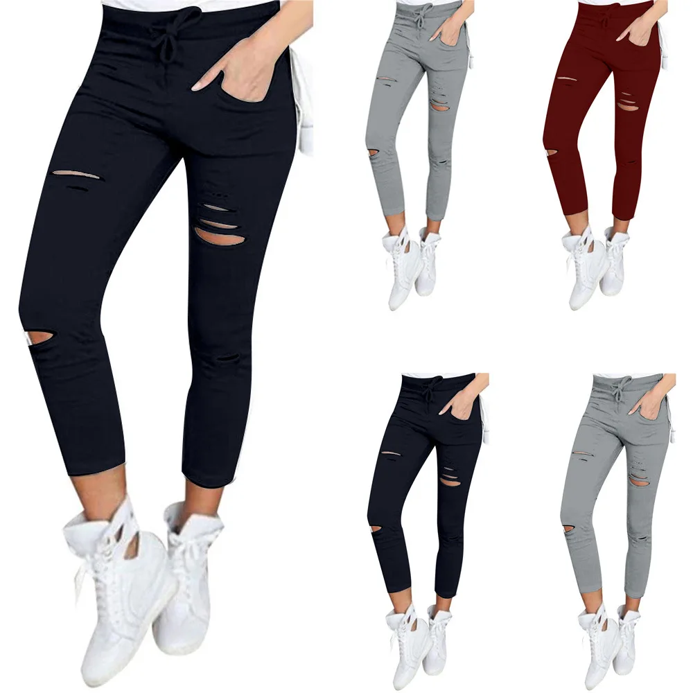 

Casual Pants Women's New Sle Pencil Pants Hole Women's Base Layer Pants High Elastici Cotton Straight Leg Trousers