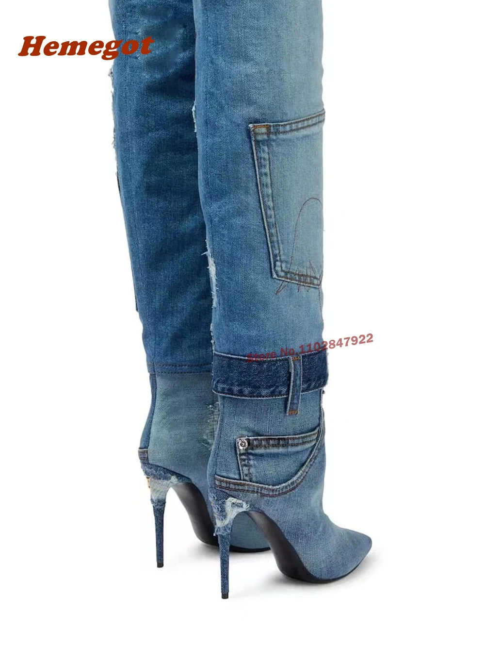 Pocket Denim Long Boots Pointed Toe Thin High Heels Over The Knee Women\'s Boots Elegant Fringe Zipper Decor Newest Winter Shoes