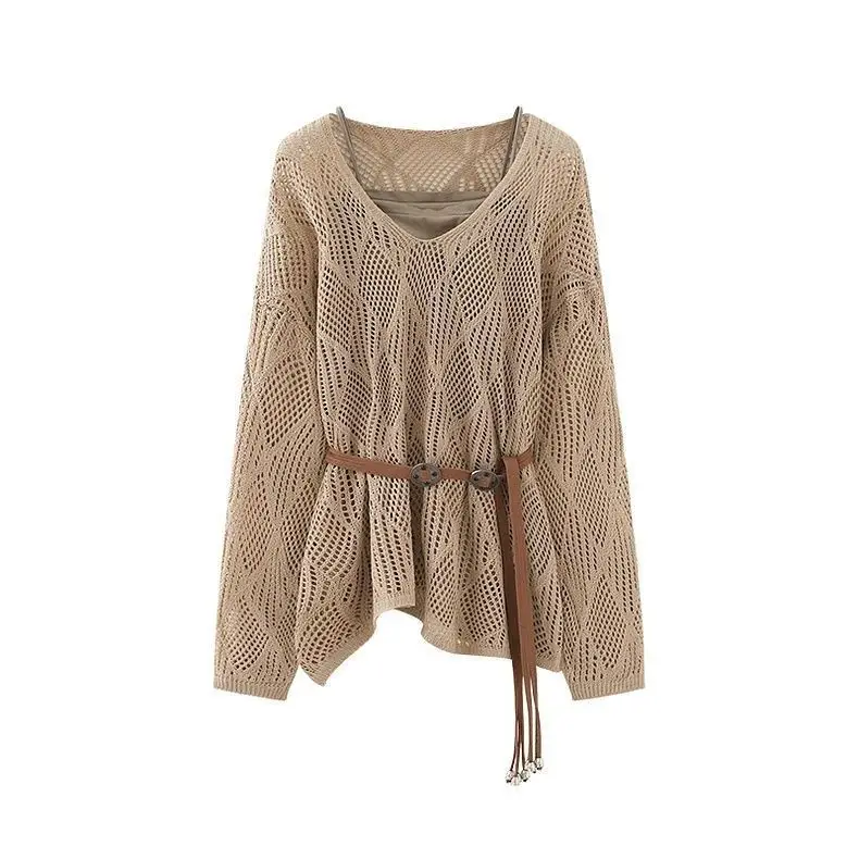 

[With belt] Hollow knitted sweater spring and summer design sense solid color rhombus lazy wind sweater sun protection blouse