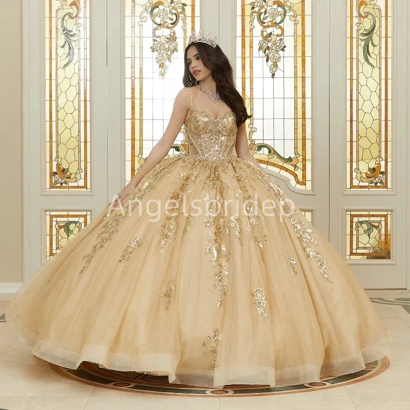 

Angelsbridep Champagne Shiny Gold Appliques Vestidos De Fiesta 2025 Sweet 16 Ball Gown Quinceanera Dress Evening Party Dresses