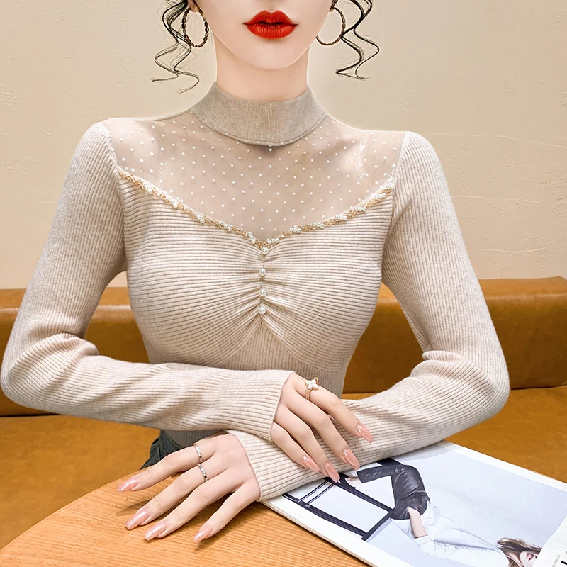 เสื้อสเวตเตอร์ไหมพรมทรงเข้ารูป แขนยาว สไตล์ฝรั่งเศส สำหรับผู้หญิง ประดับมุก ตกแต่งด้วยผ้าคลุมคอสูง เหมาะสำหรับฤดูใบไม้ร่วงและฤดูหนาว