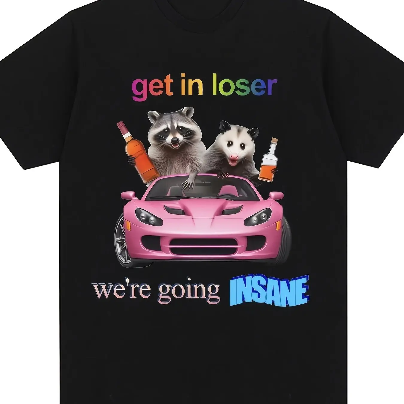 تي شيرت برسومات مضحكة للرجال "Get In Loser We're Going Insane" - تي شيرت أسود مضحك على شكل حيوان مع تصميم الراكون لملابس غير رسمية #1