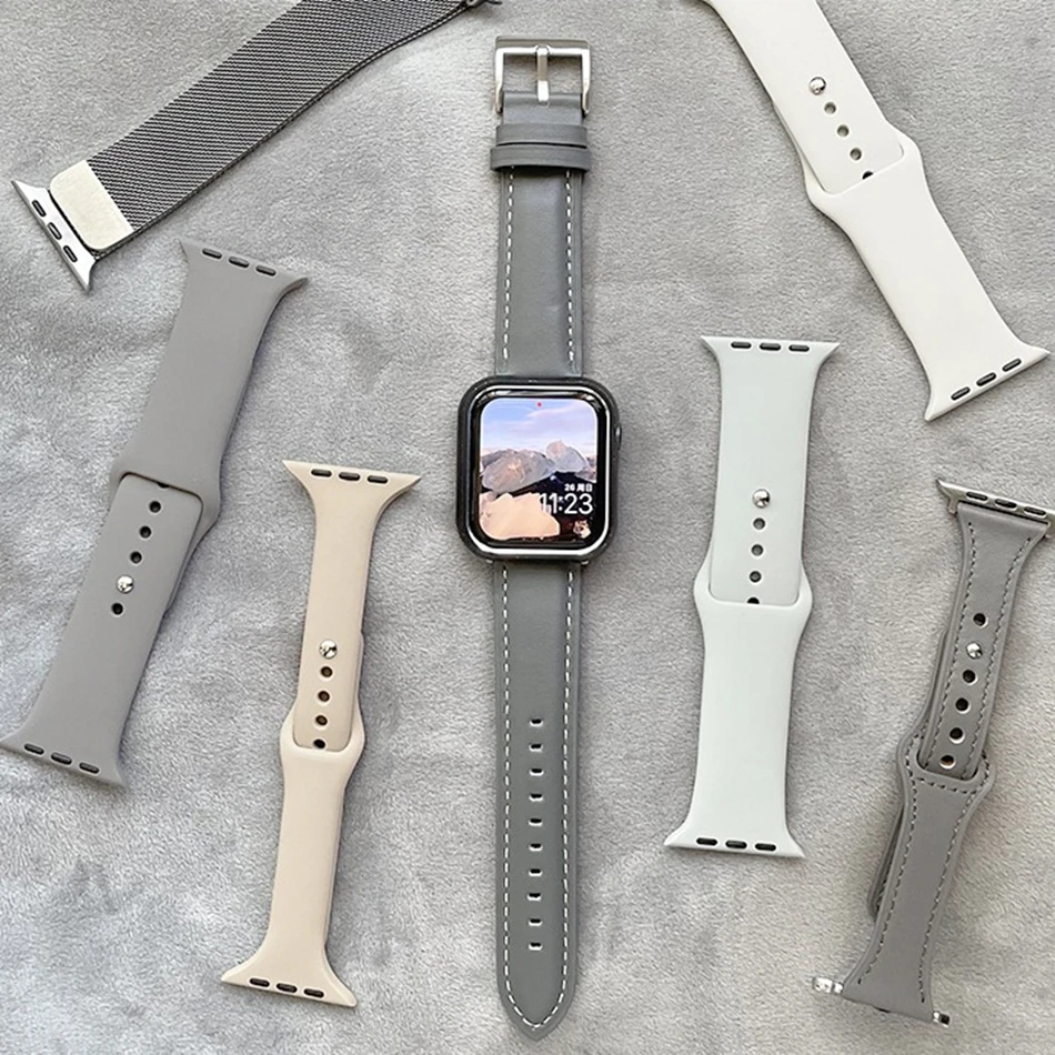 Grey Magnetic Silicon Leather Strap For Apple Watch Band S10 9 8 7 6 SE 5 4 3 38/40/41/42/44/45/46/49mm IWatch Ultra 2 Bracelet