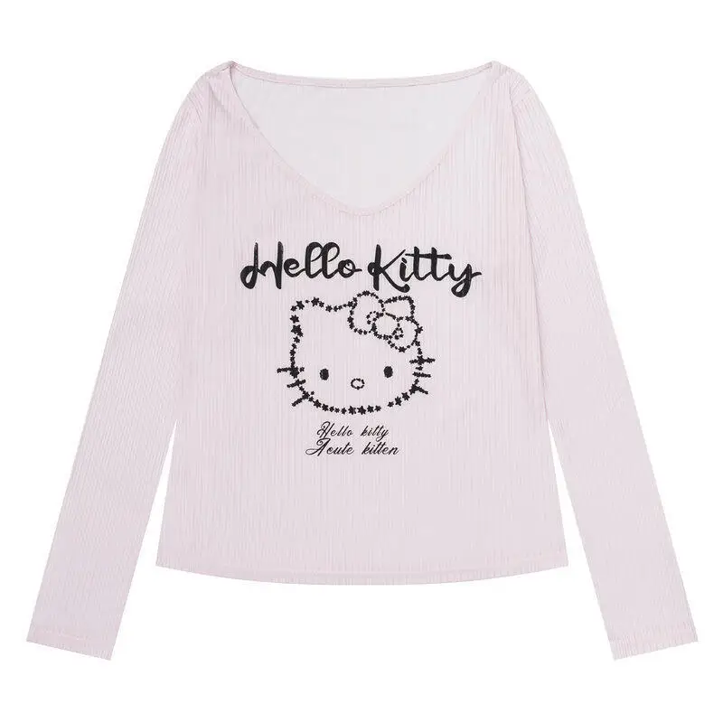 Tank Tops Halter Neck Long Sleeve T-Shirt Hello Kitty Women's Spring Summer Sanrio New Hot Girl Blouse Two-Piece Top Sweet Style view 3