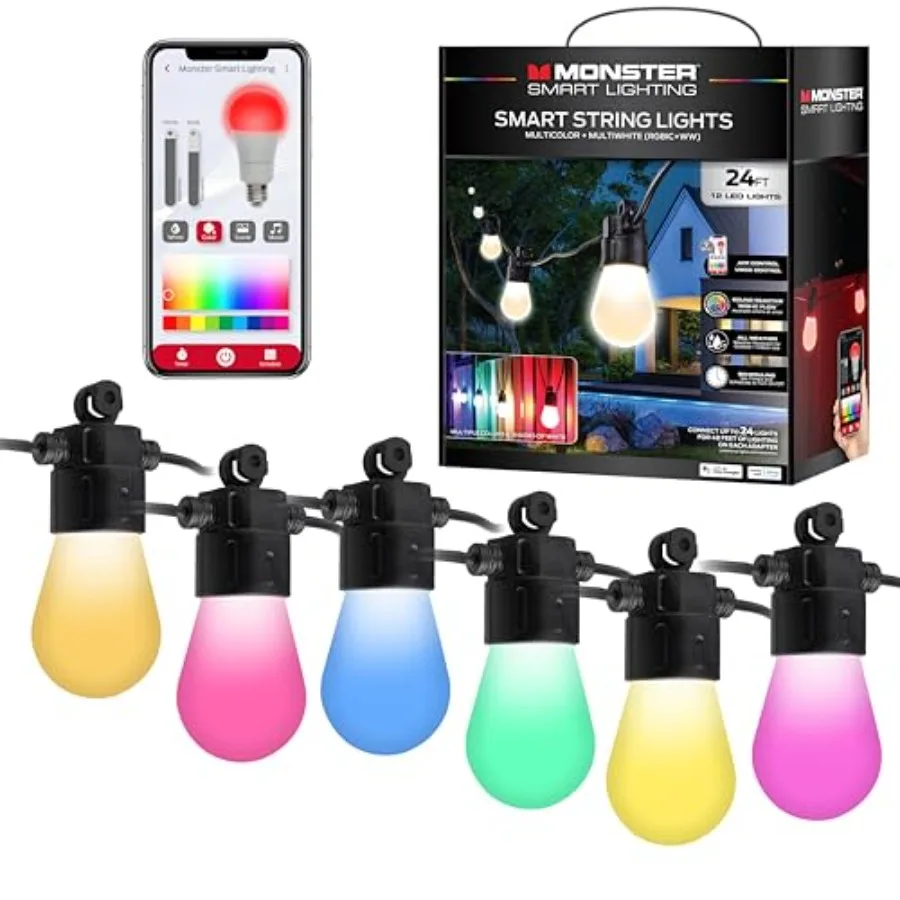 24 Foot Outdoor Smart RGB+IC+WW String Lights 12 Bulb Color Flow Dimmable LEDs Sound Reactive Water and Weather Resistant Compa