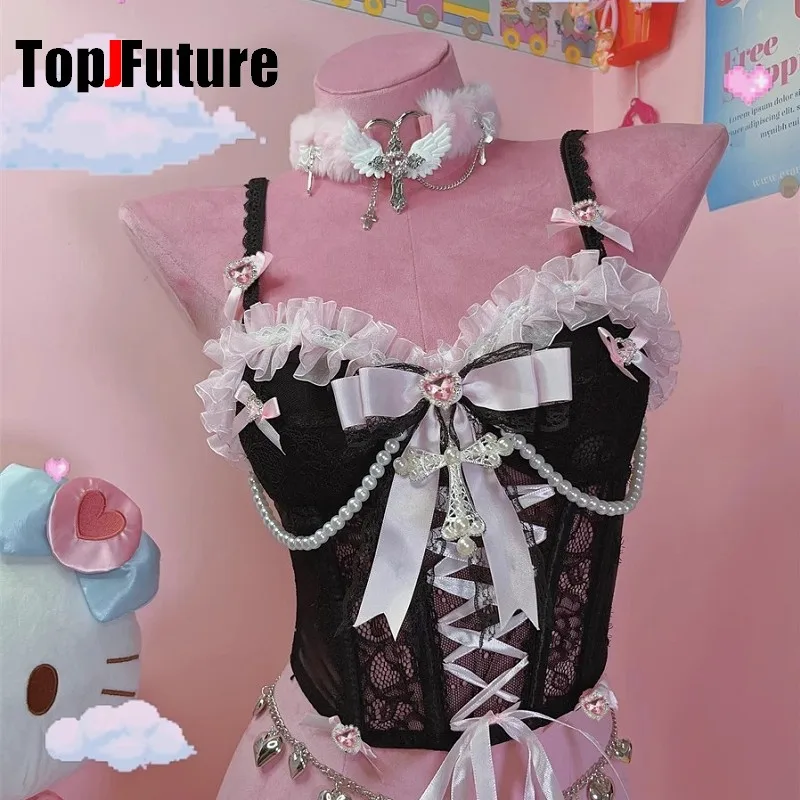 

Japanese Y2K Spicy Girl Bow Cross Pearl Chain Rhinestone Punk Gothic Subculture Female Music festival rock Top Sexy Tank Top
