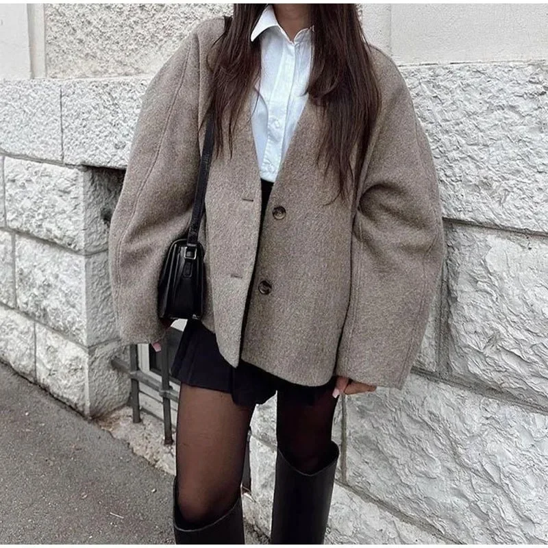 

Long Sleeve Pockets Female Coats Chic Lady Commuter Overcoat Women Vintage Solid Blazer Jacket Fashion Loose Single-breasted
