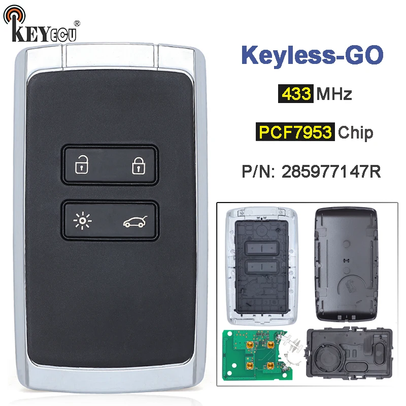 

KEYECU 434mhz Hitag AES PCF7953M 4A Chip 4 Buttons Car Alarm Keyless-Go / Entry Smart Remote Key for Renault Megane 4