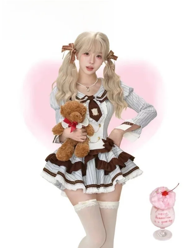 

Очаровательное коричневое кимоно Long Sve Striped irt Puffy Skirt Set Autumn New Sle College Wind JK orm Set Women's Faion