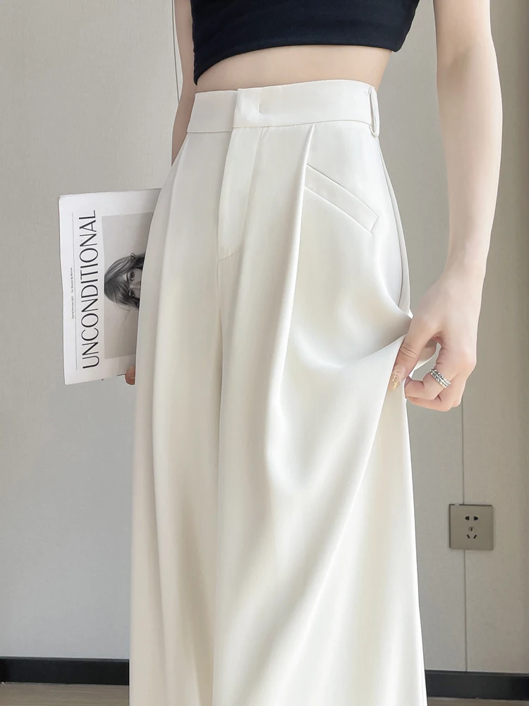 

Elegant White Silk Wide Leg Pants Women's Summer Thin High Waist Straight Cut Loose Drapey Floor-Length Slim Fit Trousers