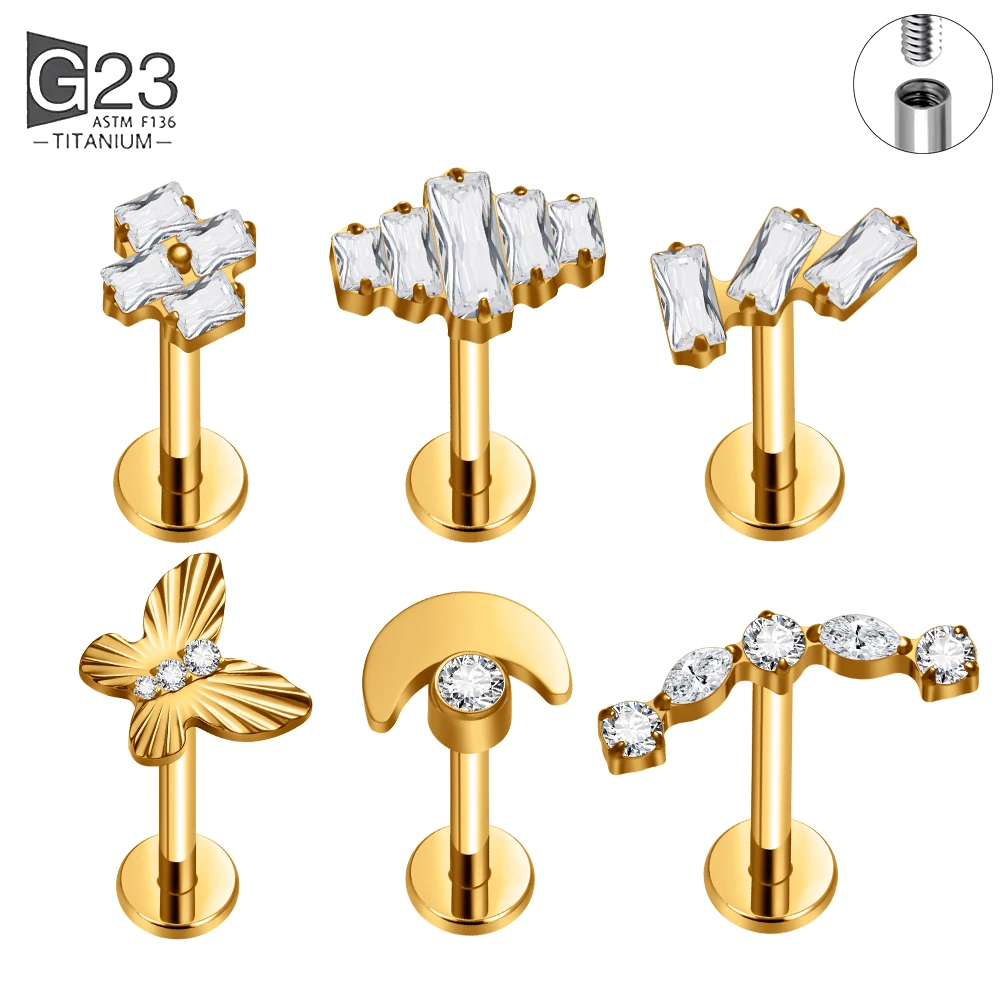 ASTM F136 Titanium Internally Thread Labret Stud CZ Butterfly Moon Zircon Tragus Helix Cartilage Ear Lip Body Piercing Jewelry