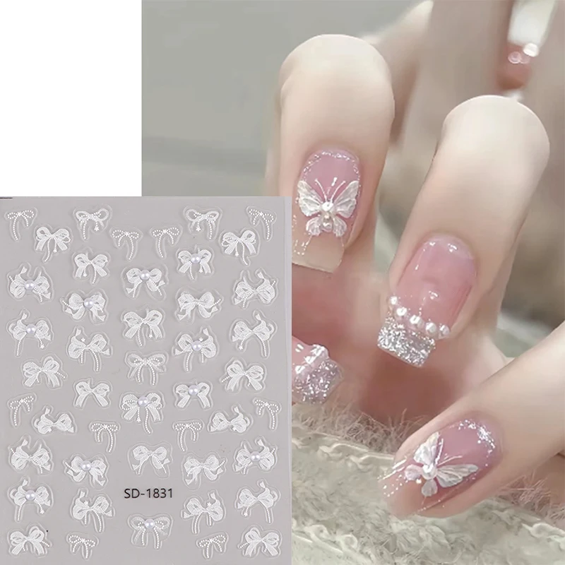 1pcs 5D Diamond Japanese White Lace Bow Nail Art Stickers Pearl Rhinestones Nail Decoration Adhesive Decals Slider DIY Accessory