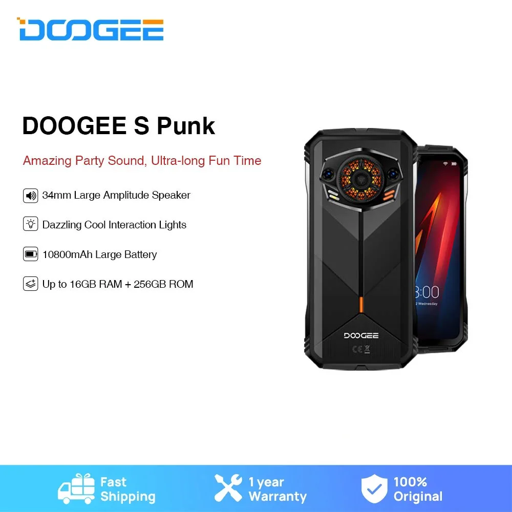 Телефон Глобальная версия DOOGEE S в стиле панк повышенной прочности, дисплей 6,58 дюйма, 90 Гц, Android 14, светодиодный эффект, 34 мм, большая амплитуда, динамик, Android 14