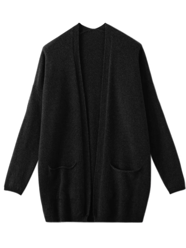 Autumn Winter Womens Casual Grace Cardigan Sweater 100% Merino Wool Solid Pocket Cashmere Knitwear Jumpers Korean Fashion 2023